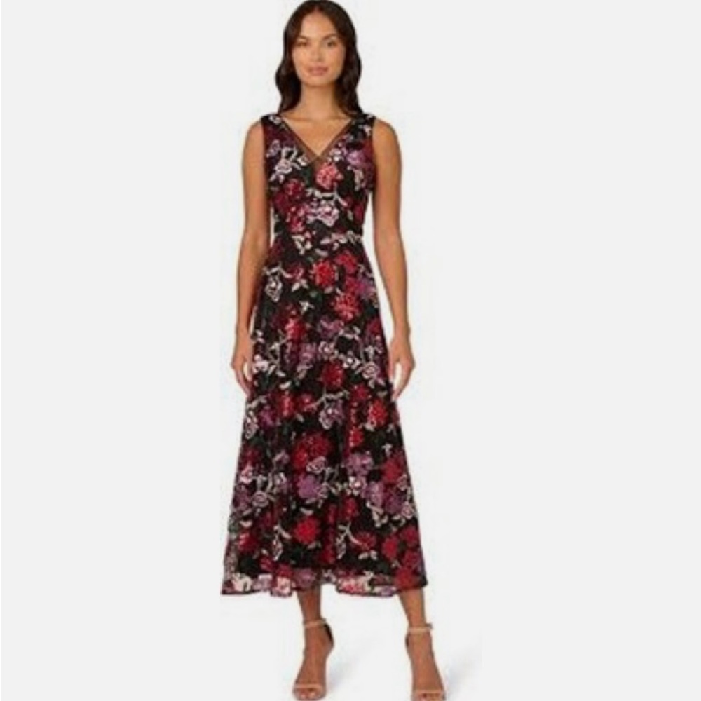Adrianna Papell Black and Red Floral Midi Dress